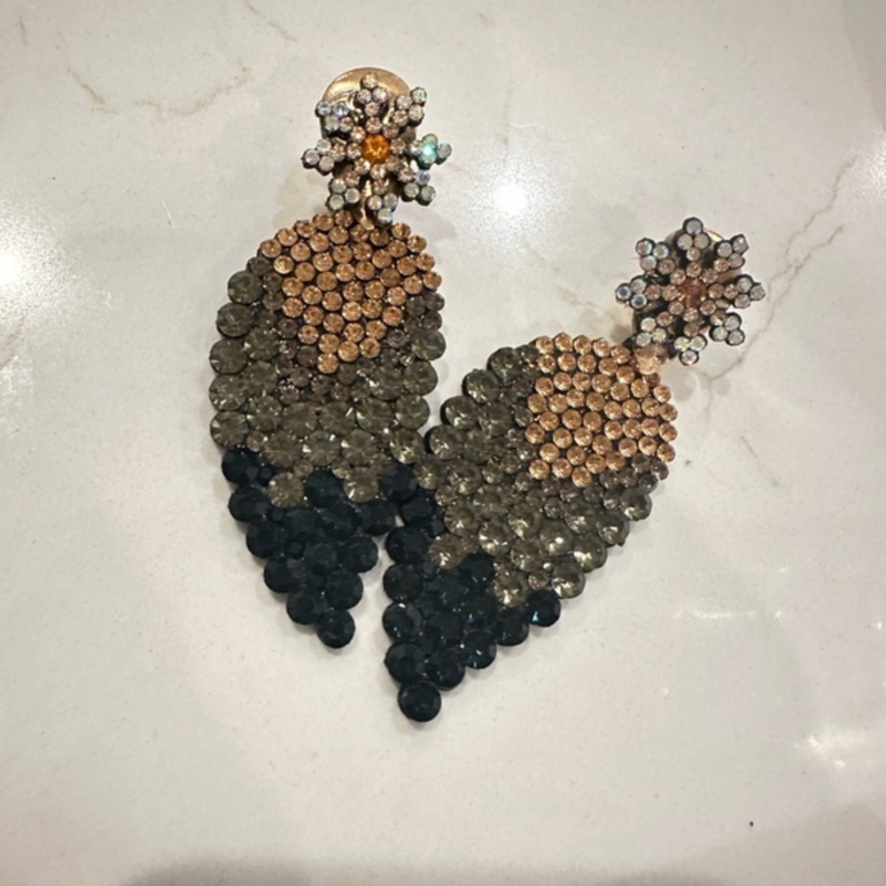 Rhinestone Teardrop Statement Earrings - Black, Champagne, Olive